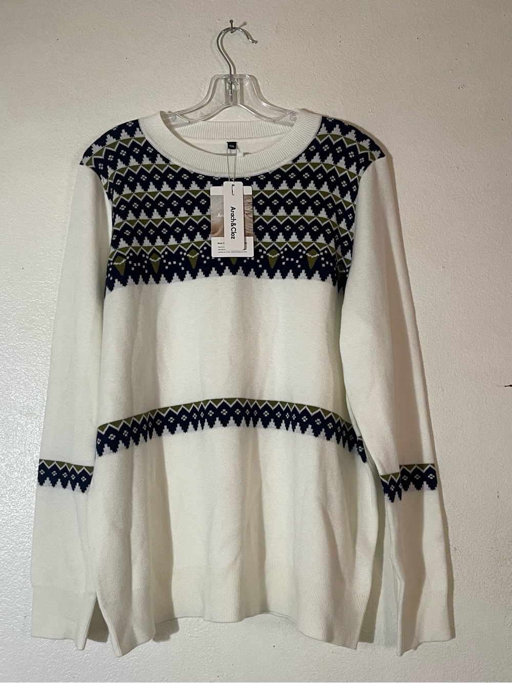 Women's Cream  Crewneck Sweater with Navy and Olive Fair Isle Yoke -